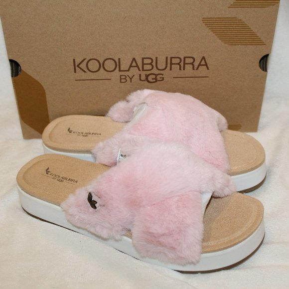 NIB UGG KOOLABURRA WOMEN'S FUR WEDGE SLIDES SLIPPERS SANDALS PINK WHITE - Picture 2 of 6
